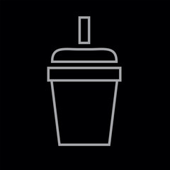 drinking plastic cup with straw outline vector icon on black background.