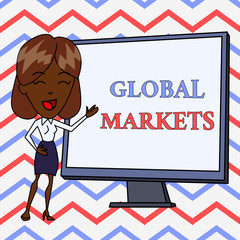 Conceptual hand writing showing Global Markets. Concept meaning Trading goods and services in all the countries of the world White Female in Standing Pointing Whiteboard Presentation