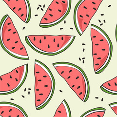 Fresh fruits, hand drawn backdrop. Colorful wallpaper vector. Seamless pattern with ripe watermelons. Decorative illustration, good for printing. Overlapping background design