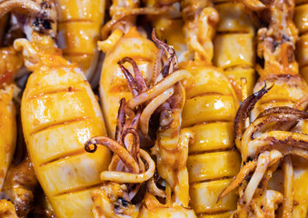 Street market with Vietnamese food and cousine. Exotic asian food. Grilled seafood.