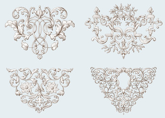 Set of vintage decorative elements with Baroque ornament. Engraving style