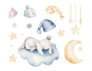Niedliche träumende Cartoon-Tierhand gezeichnete Aquarellillustration. Schlafende Charecher Kinderzimmer tragen Modedesign, Babyparty-Einladungskarte.
