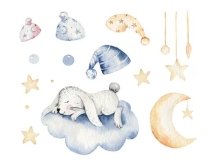 Fototapete Wolken Niedliche träumende Cartoon-Tierhand gezeichnete Aquarellillustration. Schlafende Charecher Kinderzimmer tragen Modedesign, Babyparty-Einladungskarte.