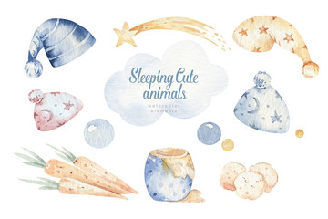 Cute dreaming cartoon animal hand drawn watercolor illustration. Sleeping charecher kids nursery wear fashion design, baby shower invitation card.