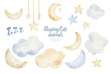 Fototapete Wolken Niedliche träumende Cartoon-Tierhand gezeichnete Aquarellillustration. Schlafende Charecher Kinderzimmer tragen Modedesign, Babyparty-Einladungskarte.