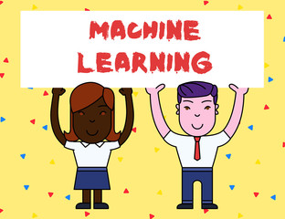 Handwriting text Machine Learning. Conceptual photo give computers the ability to be taught with data Two Smiling People Holding Big Blank Poster Board Overhead with Both Hands