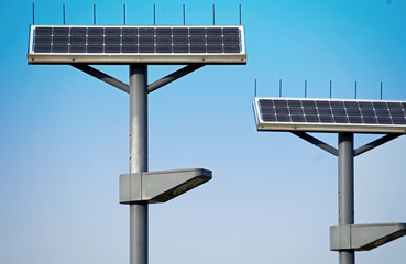A blue sky and panel of the outdoor solar cell which it was fine