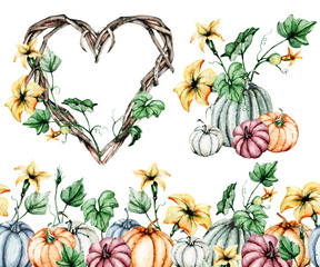 Halloween illustrations. Watercolor set with pumpkins, flowers, frame heart perfect for Halloween party invite, card, background, poster. Isolated on white, hand drawn. 