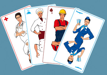 Different professions in the form of playing cards. Doctor, cook, builder and stewardess. The concept of career choice