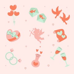 Hand drawn Valentine Icon Set - Balloons - Letter Bird Gift Cupid Arrow Letter Ring Poison Wine Love Vector Illustration