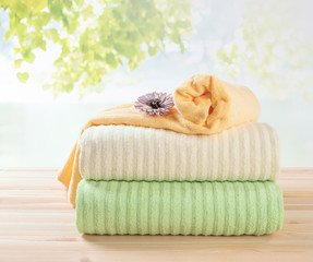 Terry towels stack, differnt colors towels in stack