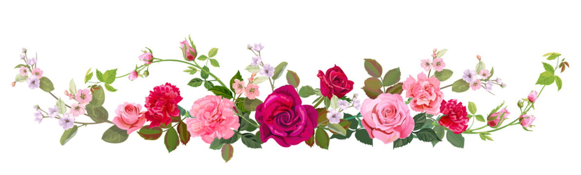 Panoramic view: bouquet of roses, carnation, spring blossom. Horizontal border: red, pink flowers, buds, green leaves, white background. Digital draw illustration in watercolor style, vintage, vector