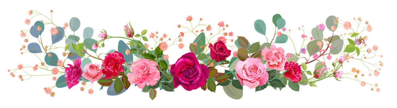 Panoramic view: bouquet of rose, carnation, gypsophile, eucalyptus. Horizontal border: red, pink flowers, green leaves, white background. Digital draw illustration in watercolor style, vintage, vector