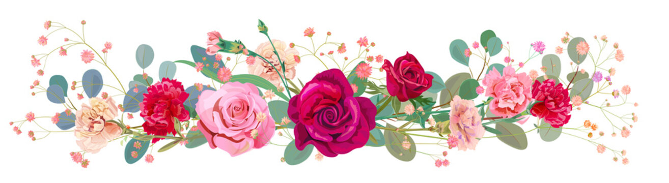 Panoramic view: bouquet of rose, carnation, gypsophile, eucalyptus. Horizontal border: red, pink flowers, green leaves, white background. Digital draw illustration in watercolor style, vintage, vector