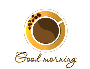 A cup of coffee on a saucer, coffee beans. Good morning.