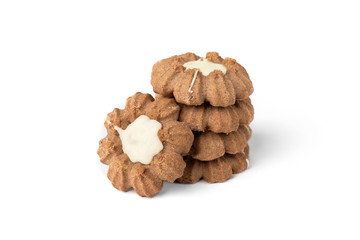 Chocolate shortbread cookies isolated on white background.