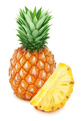 Whole pineapple with slice isolated on white background.