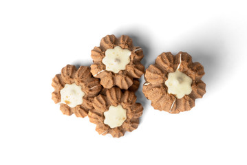 Chocolate shortbread cookies isolated on white background.