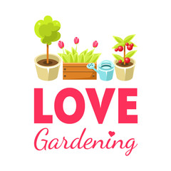 Love Gardening Banner Template with Home Plants and Flowers in Pots, Brochure, Poster, Booklet, Flyer or Business Card Vector Illustration
