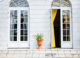 The part of house in Italian style. Doors, stairs and plants. Exterior ideas.