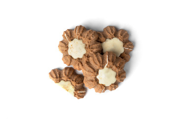 Chocolate shortbread cookies isolated on white background.