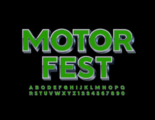 Vector modern poster Motor Fest. Green and Metal 3D Font. Textured Uppercase Alphabet Letters and Numbers