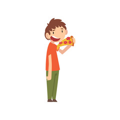 Cute Boy Eating Pizza, Child Enjoying Eating of Fast Food Vector Illustration