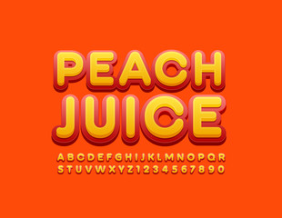 Vector bright sign Peach Juice. Red and orange Alphabet Letters and Numbers. Trendy Uppercase Font