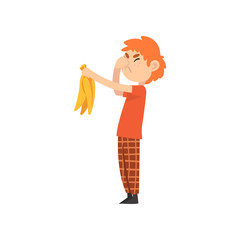 Cute Boy Does Not Want to Eat Banana, Child Does Not Like Fruits Vector Illustration Vector Illustration