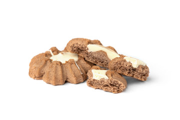 Chocolate shortbread cookies isolated on white background.