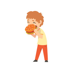 Cute Boy Eating Burger, Child Enjoying Eating of Fast Food Vector Illustration