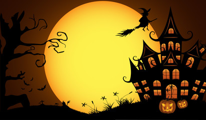 Halloween pumpkins with bat and Moon background.