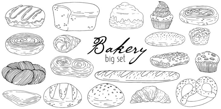 Big set elements with hand drawn bakery products isolate on a white background