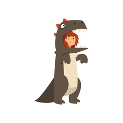 Cute Girl Wearing Dragon Costume, Kid Dressed for Carnival or Masquerade Party Vector Illustration