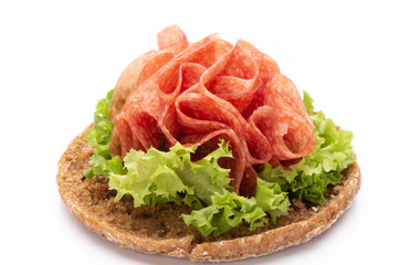 Sandwich with ham sausage on white background.