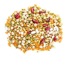 Different legumes on white background