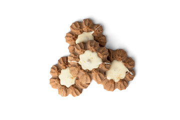 Chocolate shortbread cookies isolated on white background.