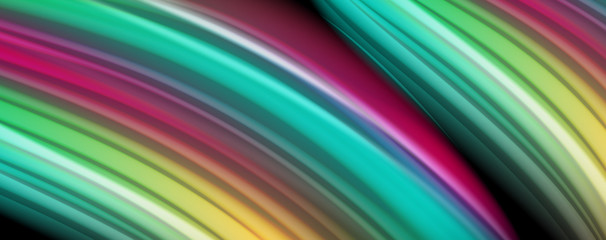 Abstract wave lines fluid rainbow style color stripes on black background. Artistic illustration for presentation, app wallpaper, banner or poster