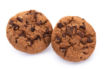 Chocolate chip cookies isolated on white background. Sweet biscuits. Homemade pastry.