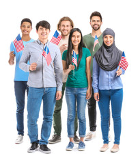 Group of students with USA flags on white background