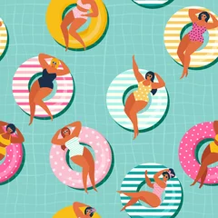 No drill light filtering roller blinds Sea Summer gils on inflatable in swimming pool floats. Vector seamless pattern.