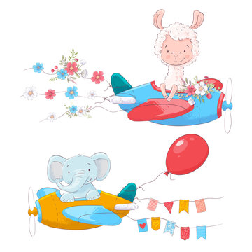Set of cute cartoon animals Lama and an elephant on a plane with flowers and flags for children illustration.