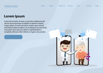 Mobile doctor. Smiling doctor on the phone screen. Medical internet consultation. Healthcare consulting web service. Hospital support online. Vector,illustration.