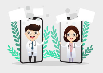 Mobile doctor. Smiling doctor on the phone screen. Medical internet consultation. Healthcare consulting web service. Hospital support online. Vector,illustration.