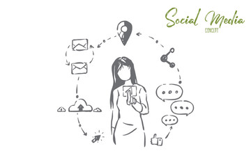 Trendy modern recreation, internet surfing, young woman with online network symbols, likes and comments