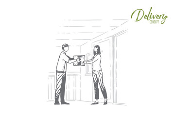 Young courier gives customer cardboard box, woman receives mail, postman profession, logistics