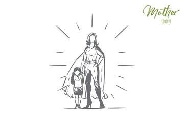 Best mother and daughter holding hands, female superhero in costume with cape, little girl with parent, motherhood