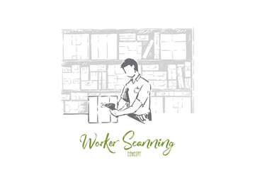 Man scanning barcode in warehouse, storage facility job, storing and shipping boxed packages, post office work