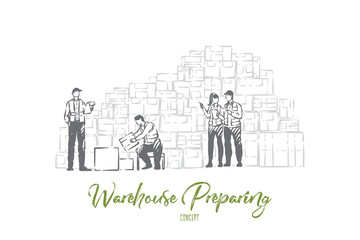 Storage facility workers, warehouse employees sorting packages, storing boxed goods, preparing freight delivery