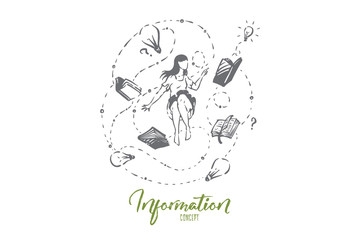 Young woman, student surrounded with books, light bulbs and question marks, brainstorm, idea generation